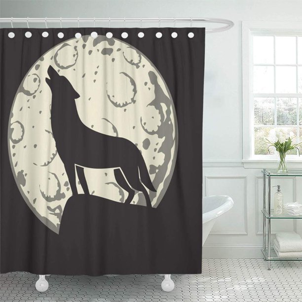 ABPHQTO Conjunto de cortinas de ducha de baño a prueba de agua con silueta completa de lobo a la luz de la luna con dibujos animados de luna de Halloween 165x180 cm ABPHQTO PKNMT66x72Shower-10364