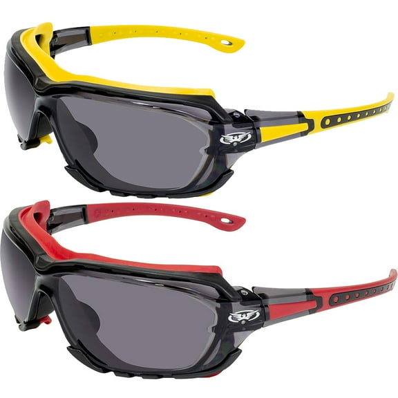 2 Pairs of Global Vision Octane Motorcycle Riding Glasses Yellow and Red Gaskets Smoke Lenses
