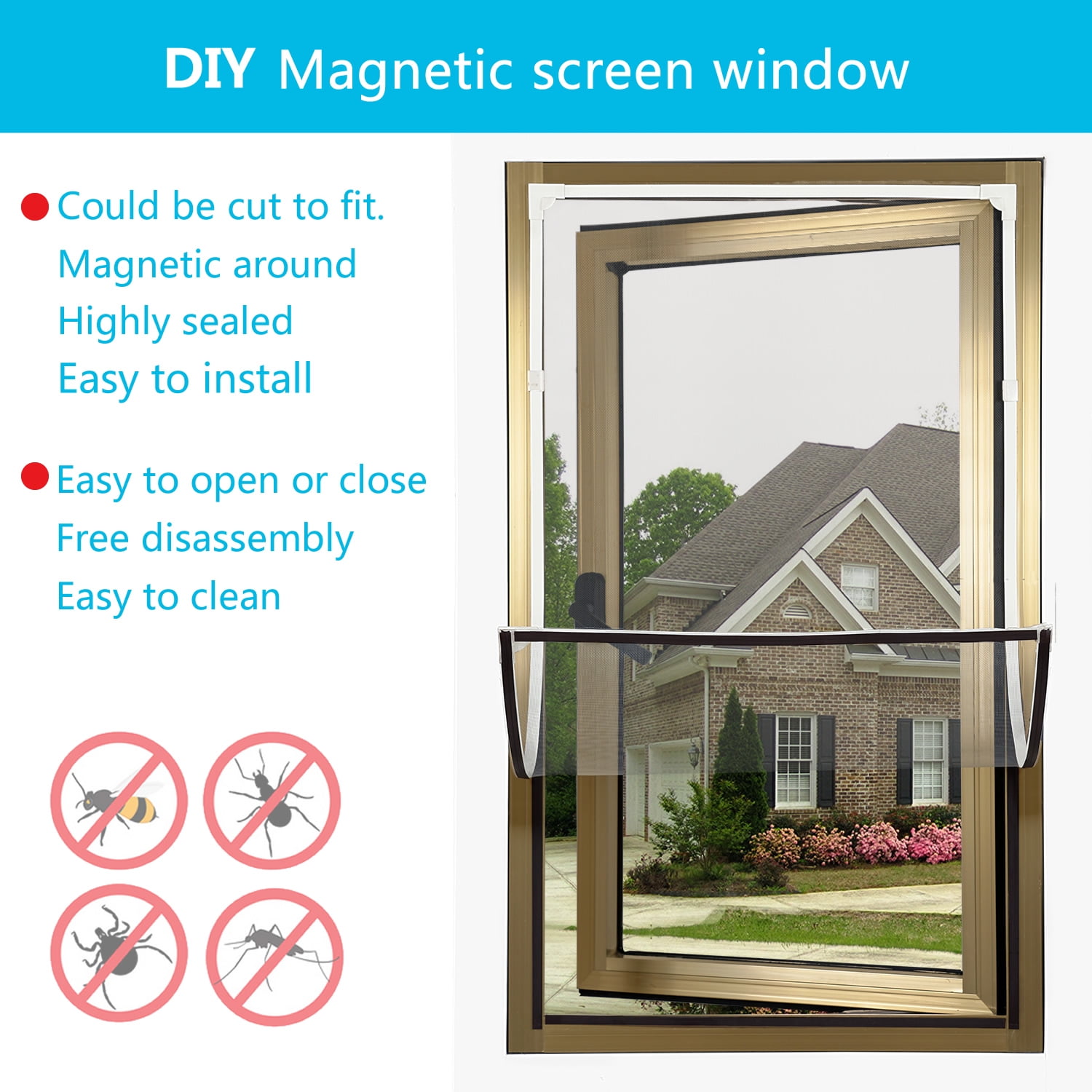 DIY Magnetic Window Screen, Window Screen Net Kit White Frame with Adjustable Gray Fiberglass Mesh Easy and Fast Installation (32"x24"(81x61CM))