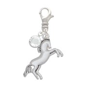 Delight Jewelry Silvertone Small Rearing Horse - Silvertone Clip on Charm with Clear Crystal Drop