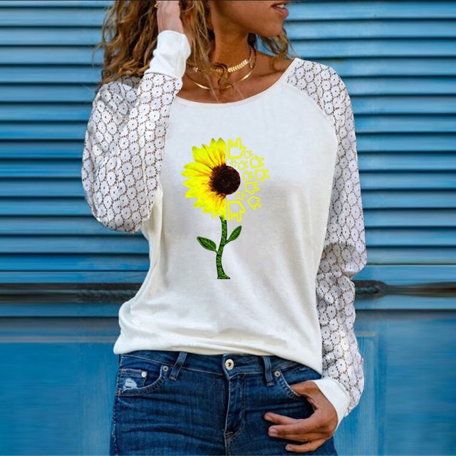 Mode Femme T-Shirt à Manches Longues Col Rond Automne Imprimé Dentelle Chandail en Molleton Blouse Ample