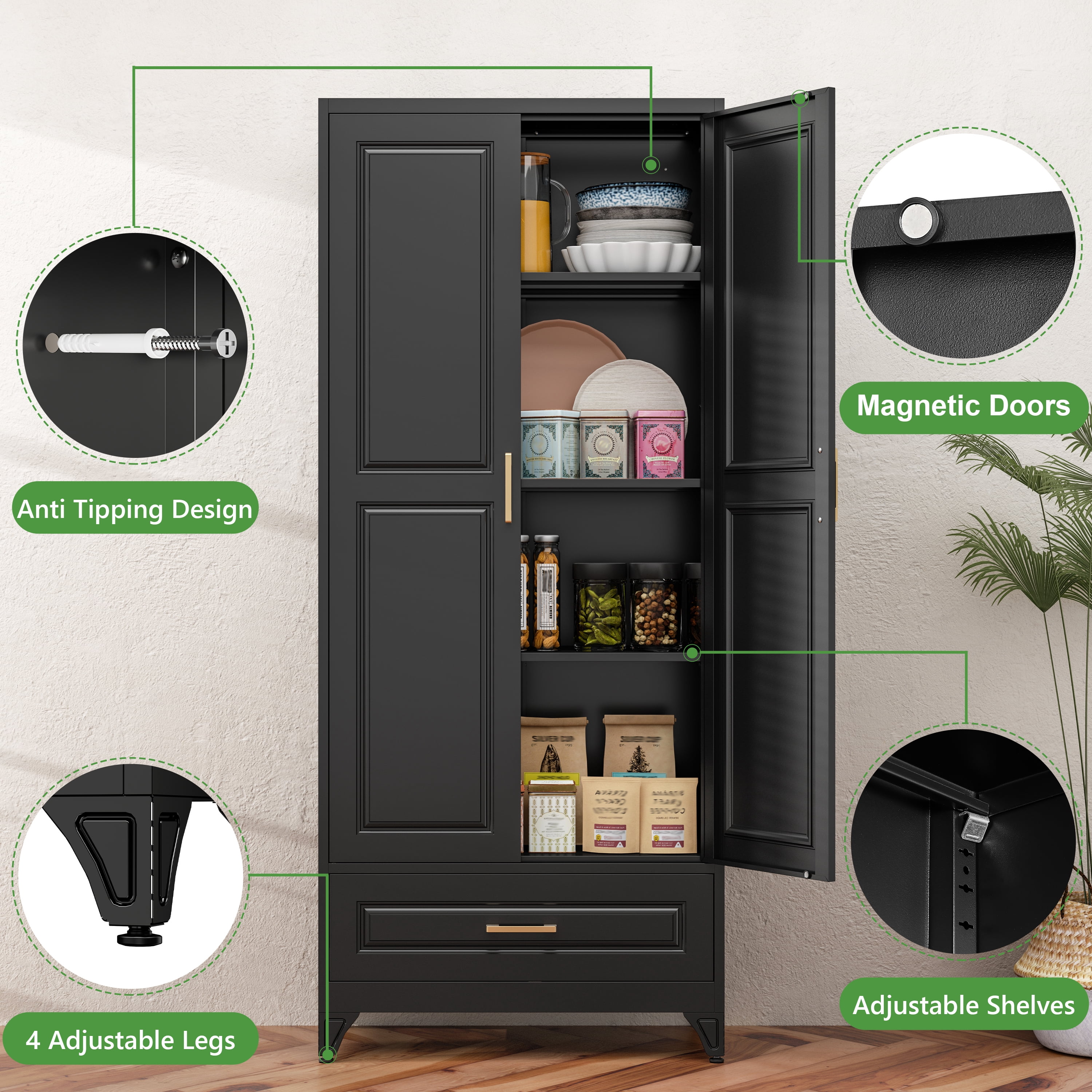 Polup 75"H Kitchen Pantry Cabinet, Metal Pantry Cabinet with Drawer, Storage Cabinets with Adjustable Shelves, Black Food Cupboards, Adult