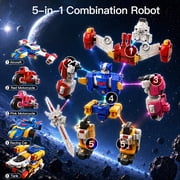 5 in 1 Transforming Robot Building Toy, Combiner Robot Action Figure Playset with Car, Motorcycle, Aircraft and Tank Modes, Gift for Boys Girls Ages 3+