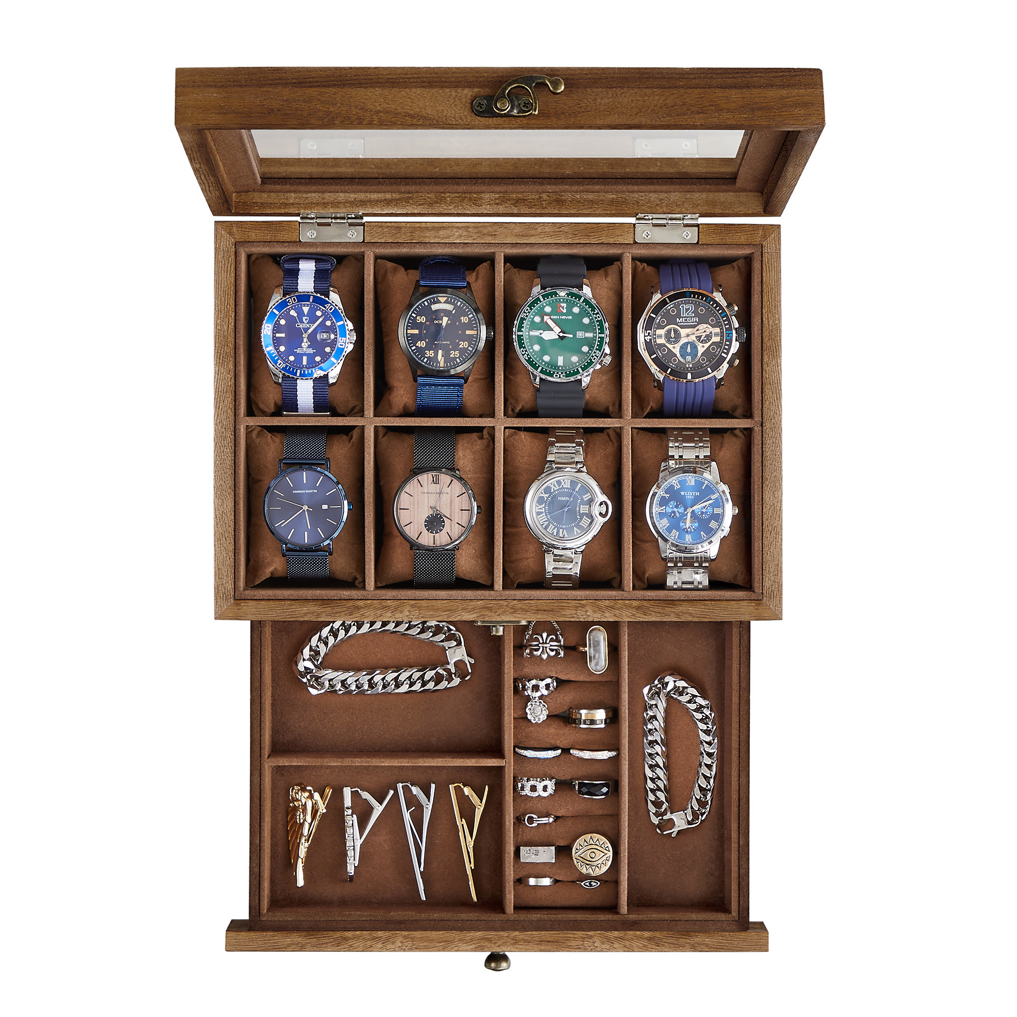 SONGMICS 2-Tier Rustic Walnut Watch Display Box