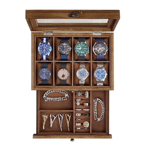 2-Tier Watch Box, 8-Slot Display Case, Rustic Walnut, Glass Lid, Removable Pillows, Velvet Lining, Jewelry Storage