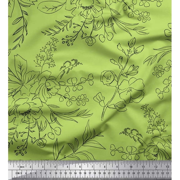 Soimoi Green Cotton Duck Fabric Flower Watercolor Printed Fabric 1 Yard 44 Inch Wide