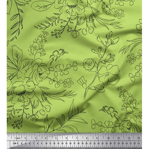 Soimoi Green Cotton Duck Fabric Flower Watercolor Printed Fabric 1 Yard 44 Inch Wide