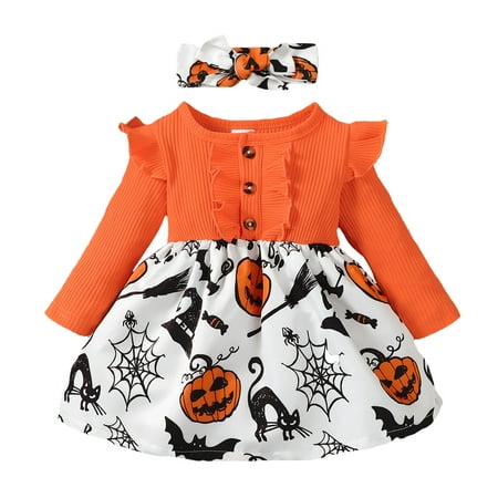 

KIMI BEAR Newborn Baby Girls Dresses 9 Months Newborn Girls Fall Winter Clothes 12 Months Girls Casual Round Neck Floral Print Stitching Long Sleeve Dress Orange