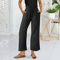thumbnail image 3 of Awxnjux Flowy Pants For Women Womens Linen Pants High Waisted Wide Leg Drawstring Casual Loose Ankle Length Trousers With Pockets (Black,L), 3 of 5