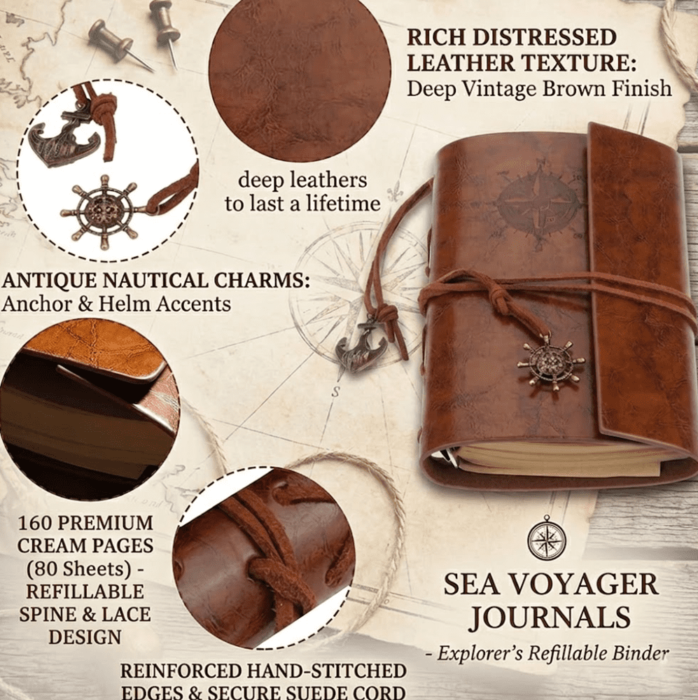 10-Pack A6 Vintage Nautical Travel Journals, Refillable Faux Leather Writing Notebooks with 6-Ring Binder, 80 Sheets 80GSM Blank Kraft Paper, Retro Explorer Charms