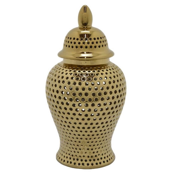 Benjara Deni 19 Inch Temple Jar, Small Carved Cut Out Lattice, Lid, Gold Ceramic
