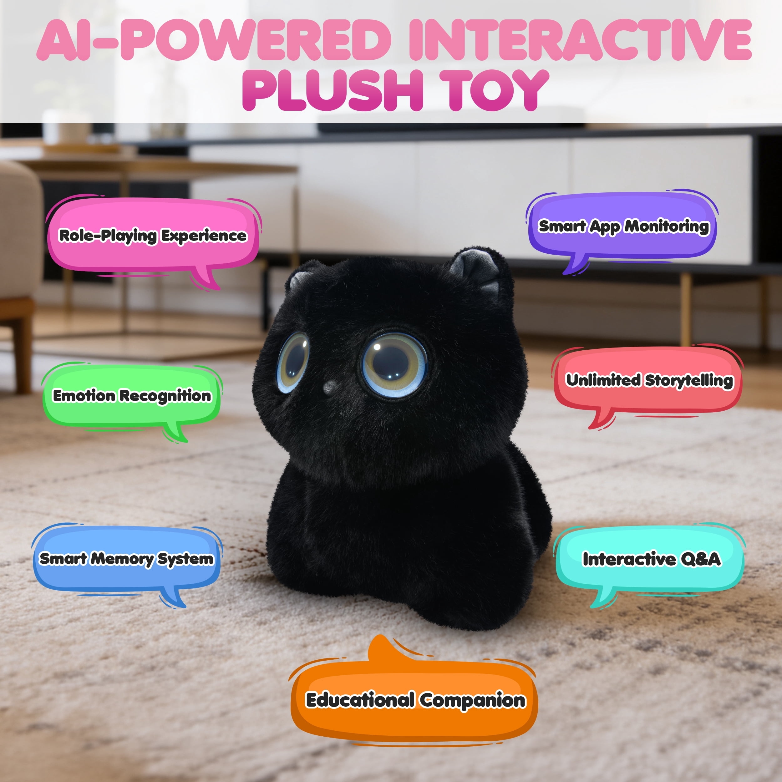 AI Pixie Paw Smart Interactive Plush Cat Voice Responsive Touch Activated Expressive Eyes AI Companion Stuffed Animal for Kids and Pet Lovers, Black