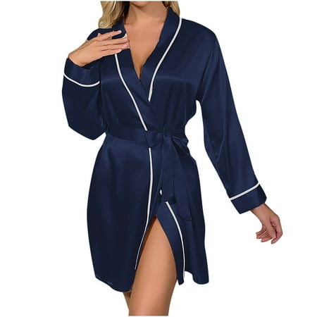 HAPIMO Lingerie Silk Robe Bathrobe Lightweight Cardigan Pajamas for Women Holiday Half Sleeve Waistband Comfy Relaxed Sleepewear Lace Teen Girls Satin Trendy Blue M