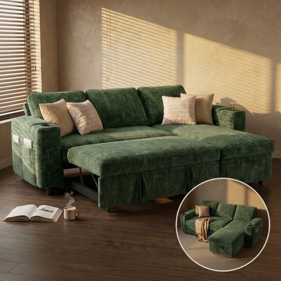 82" Modular Sleeper Sofa Bed with Pull Out Couch, L-Shaped Sectional with 400L Large Storage Chaise, Breathable Chenille Fabric, Green