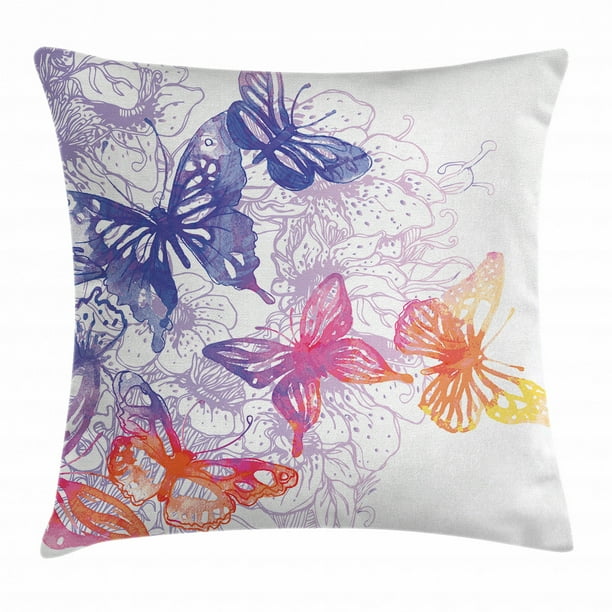 Watercolor Throw Pillow Cushion Cover Fantastic Composition With Flying Butterflies Flourishing Flowers Decorative Square Accent Pillow Case 20 X 20 Inches Violet Blue Orange Pink By Ambesonne Walmart Com Walmart Com