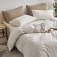 thumbnail image 3 of MooMee Striped Duvet Cover Set Full 100% Washed Cotton Linen Like Textured Breathable 3-Piece (White& Tannish Linen Grey Wide Stripes), 3 of 6