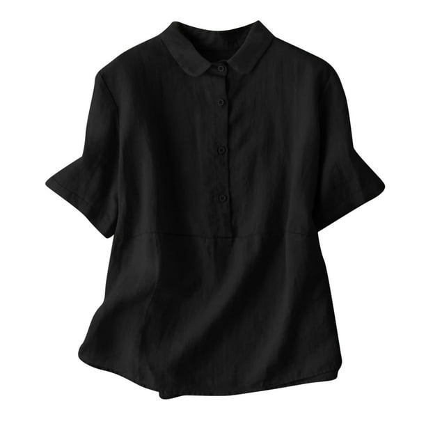 Camisa de mujer de lino con botones, manga corta y cuello redondo, top informal de algodón mezclado para la oficina, corte ajustado, temporada otoño, tallas M-XXXL