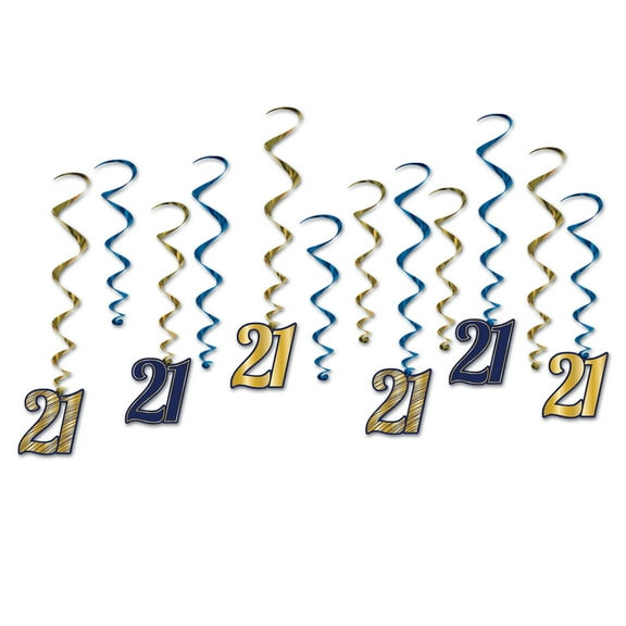 Party Central Pack of 6 Navy Blue and Gold "21" Hanging Whirl Party Decors 32"