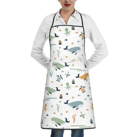 

Pofeuu Sea Creatures Print Aprons with Pockets Cute Aprons for Kitchen Cooking Server Barber Chef Apron