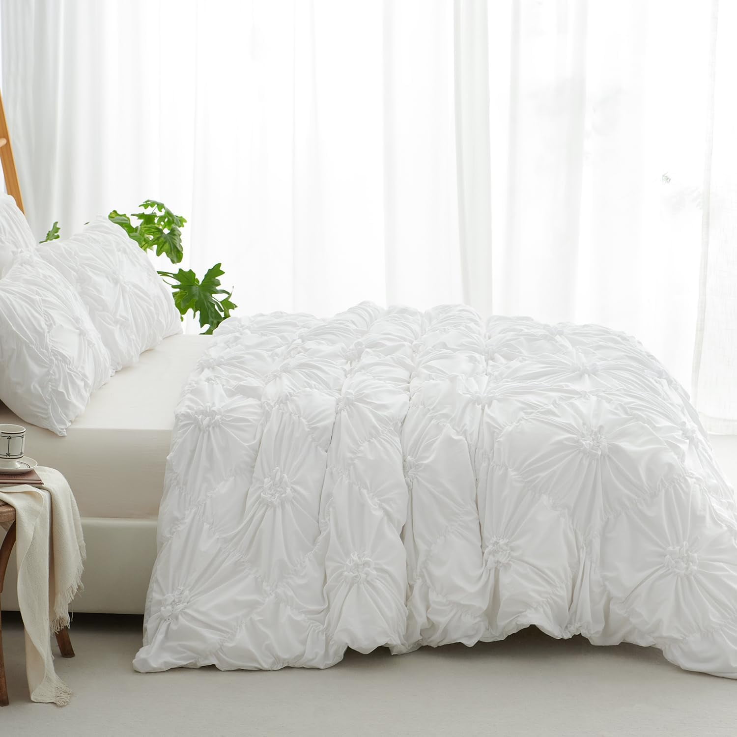 JOLUSERE Rustic French Style White Duvet Cover Sets Queen Size, Textured Flower Pinch Pleated Solid Luxury Bedding Sets