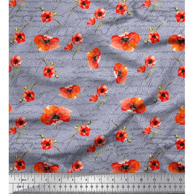 Soimoi Grey Modal Satin Fabric Text & Poppy Floral Printed Fabric 1 Yard 42 Inch Wide