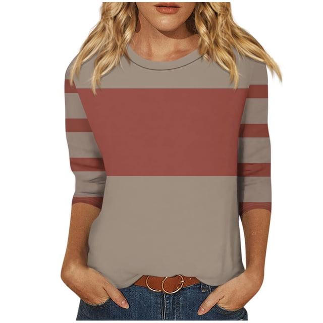 cfhntfmh Hauts pour Femmes Automne 2024 Blouses à Col Rond à Blocs de Couleur Tendance Manches 3/4 Décontractées Tunique Ample