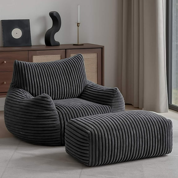 Bean Bag Chair with Ottoman,Big Bean Bag Chairs for Adults with Filling,Lazy Floor Chair with Back Support,Memory Foam Sofa Giant Beanbag Chair for Bedroom Livingroom