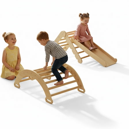 Garvee Pikler Triangle Set, 3-in-1 Toddler Climbing Toys, with Ramp Arch Ladder, Oak