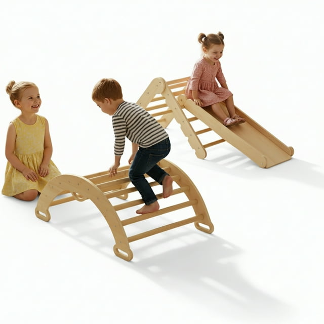 Garvee Pikler Triangle Set, 3-in-1 Toddler Climbing Toys, with Ramp Arch Ladder, Oak