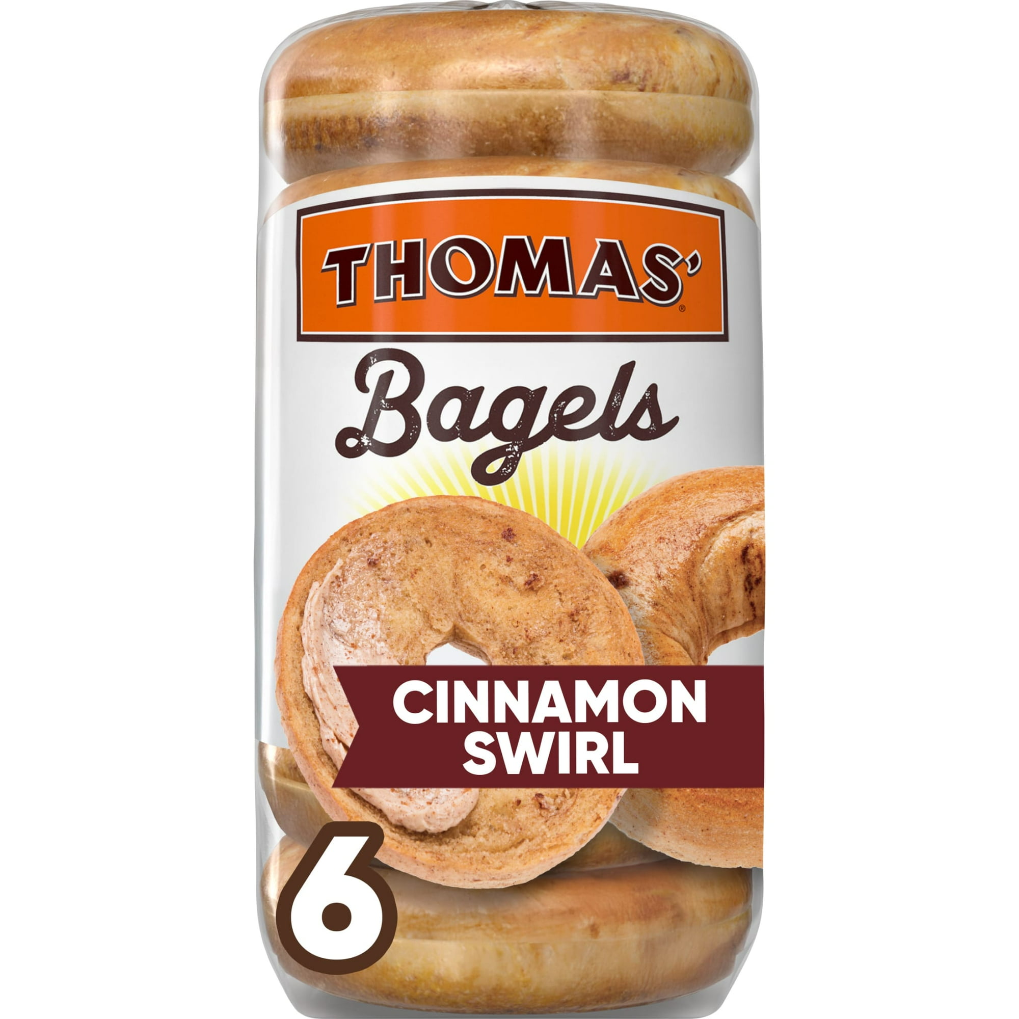 Thomas' Cinnamon Swirl Bagels, 6 Count, 9g Protein, Kosher Cinnamon Bagels, 18 oz Bag
