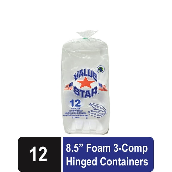 Value Star Foam 8.5-inch Foam 3 compartment Hinged Lid Trays