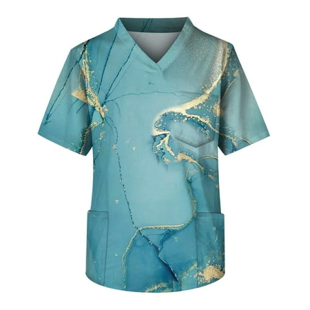 

HHei_K Plus Size Scrubs Men s Printing Short Sleeve V-neck Working Blouse Chest Pocket Carer Top