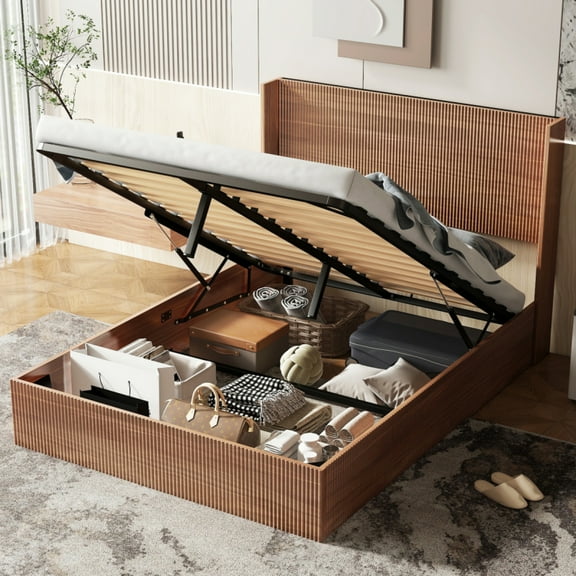 Lift Storage and No Noise Wooden Platform Bed Frame, Queen
