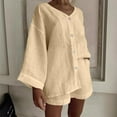 thumbnail image 2 of Two Piece Linen Sets for Women Dressy Casual Outfits Long Sleeve Light Loose Button-up V Neck Shirt and Shorts Set,Khaki,3XL, 2 of 5