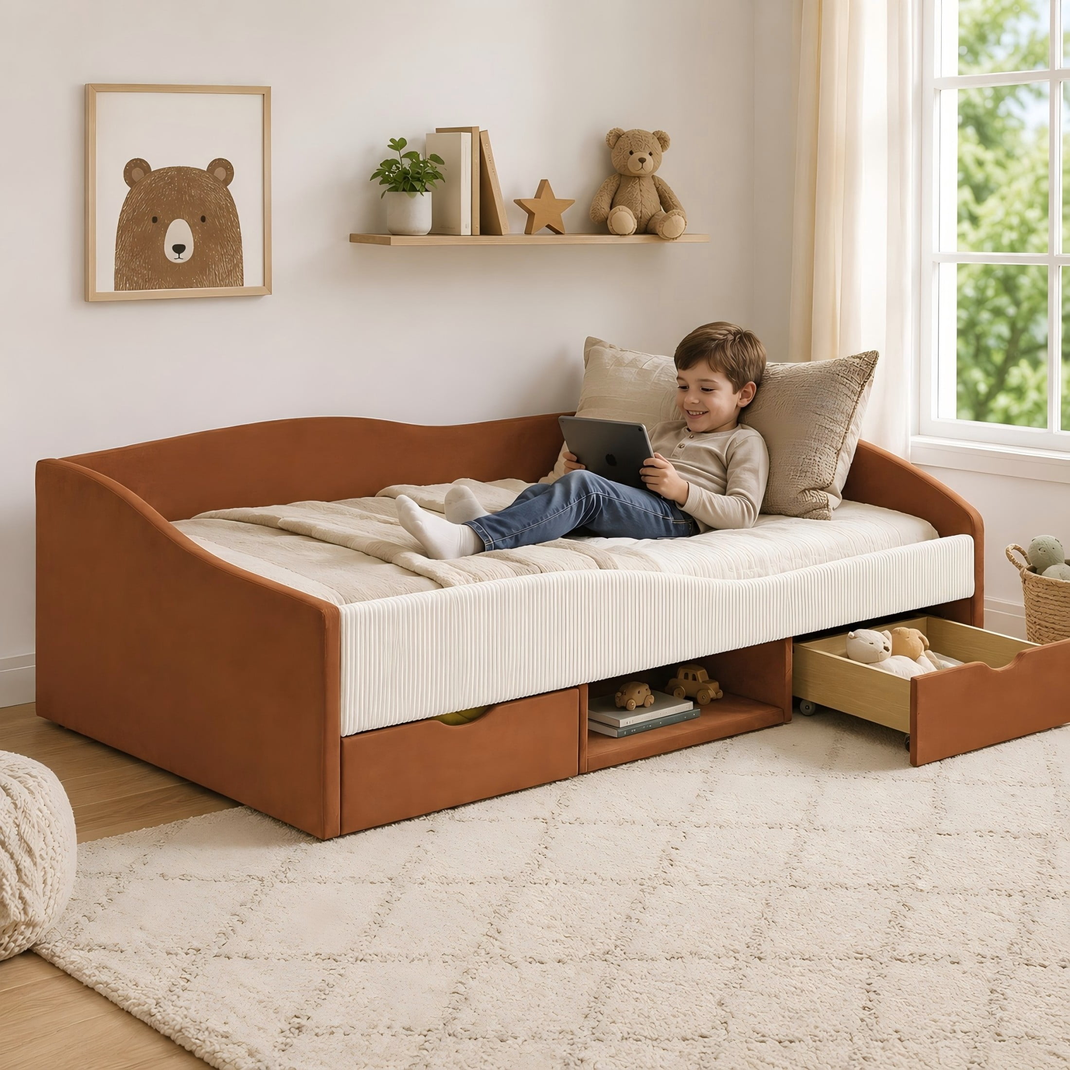 Aukfa Full Size Upholstered Daybed with 2 Storage Drawers, Shelf and Curved Guardrails, Velvet Bed Frame, Brown