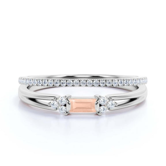Classic Minimalist 1.50 Carat Baguette Cut Morganite And Diamond Moissanite Engagement Ring, Split shank Wedding Ring in 925 Sterling Silver With 18k White Gold Plating,Promise Ring, Bridal Rings Set