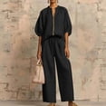 thumbnail image 3 of Zynoxe Two Piece Sets for Women With Pockets Trendy Zipper V Neck Puff Sleeve Top Elastic Waist Drawstring Wide Leg Pants Set Soft Breathable Lounge Set Versatile Solid Color Vacation Outfits 3XL, 3 of 8