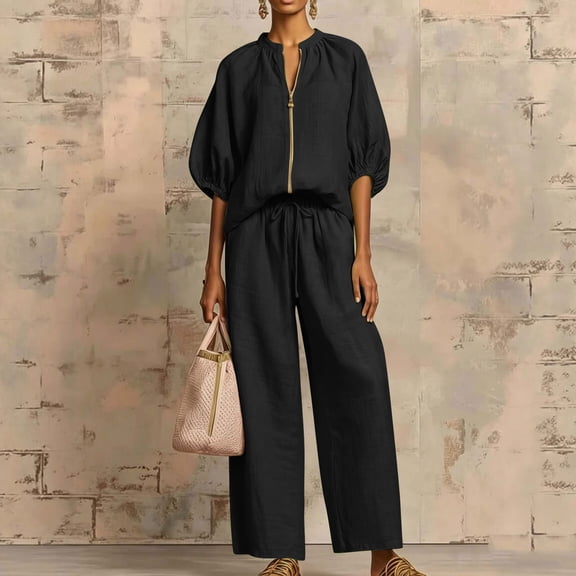Karymi Plus Size Tops for Women 2-Piece Casual Set, Crew Neck Half-Zip Puff Sleeve Blouse Elastic Drawstring Wide Leg Pants, Lightweight Summer Outfit Lounge Sets for Women