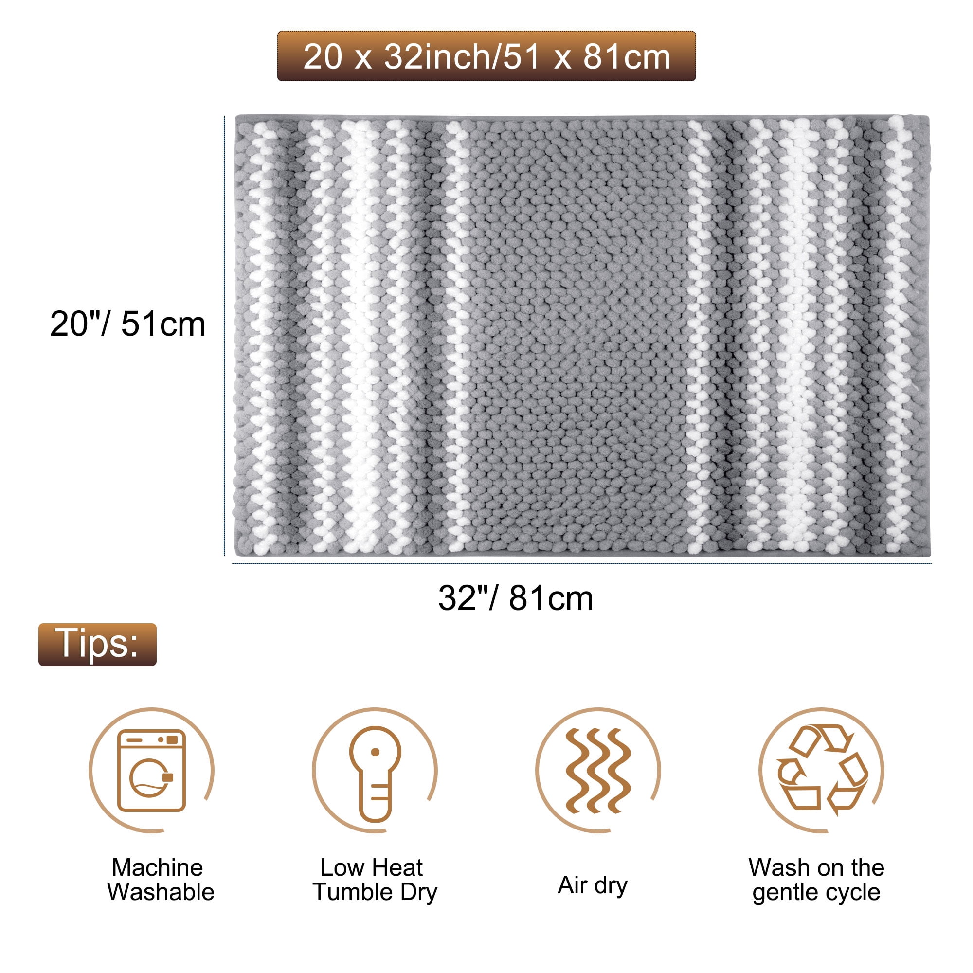 Unique Bargains Chenille Bathroom Rug Soft Fluffy Striped Bath Mat Shaggy Rugs Dark Gray 20"x32"