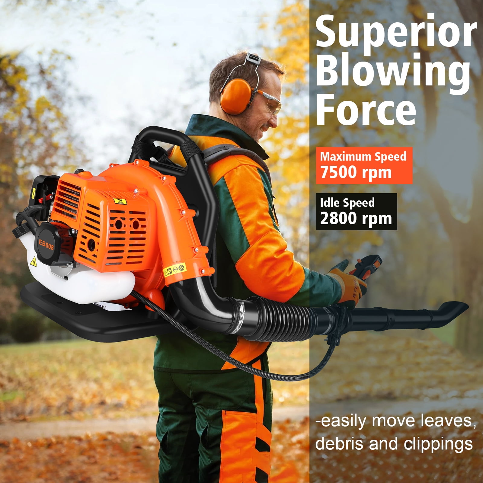 Backpack Gas Leaf Blower 43CC, 665CFM 2800 RPM 2 Stroke Grass Lawn Blower Air Cooling Gasoline Backpack Grass Blower with Air-Cooled, Snow Blower for Outdoor