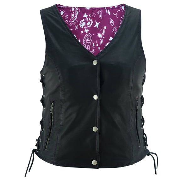 Daniel Smart Black Women Leather Vest Goat Skin Leather Vest with Unique Purple Paisley Lining