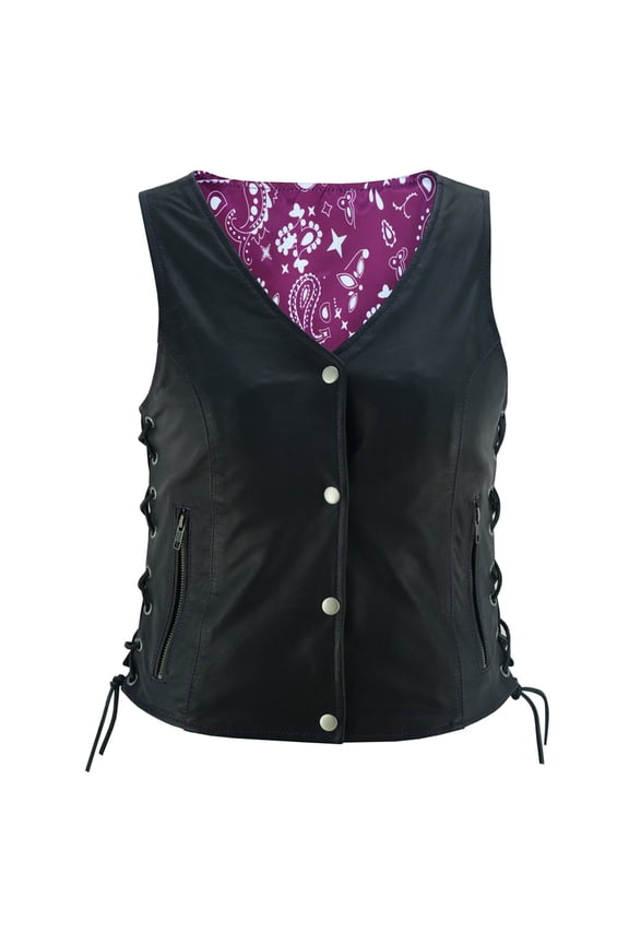 Daniel Smart Black Women Leather Vest Goat Skin Leather Vest with Unique Purple Paisley Lining