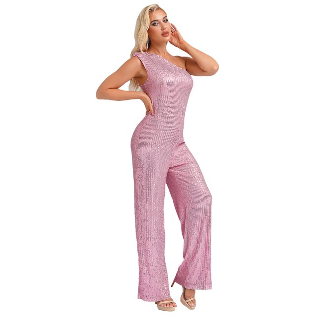 Xnihocha Combinaison Sans Manches pour Femmes, une Épaule, Robe de Soirée à Sequins, Rose 3TG