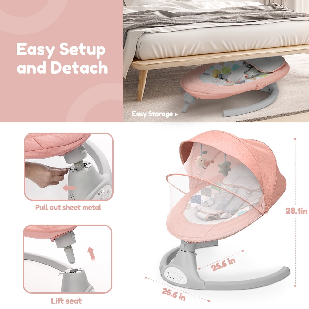 Electric Baby Swing, Caveen Infant Swing Rocker with Remote Control, 5 Sway Speeds, Bluetooth Music, Pink