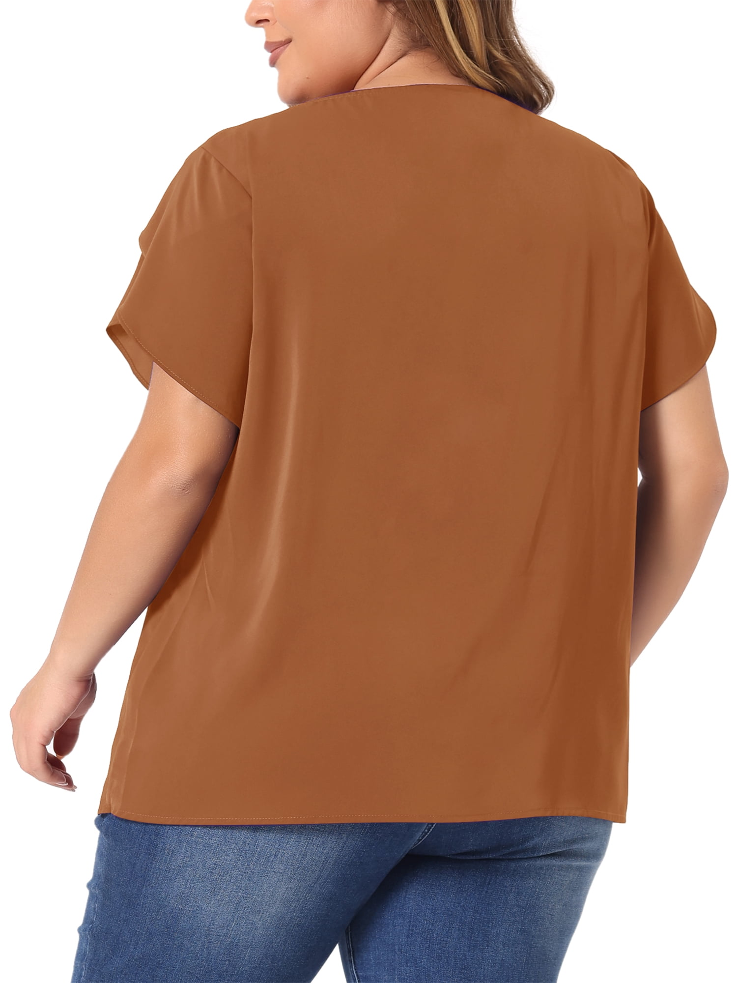 DARING DIVA Women's Plus Size Round Neck Pleated Tulip Sleeve Shirt Blouse 3X Brown