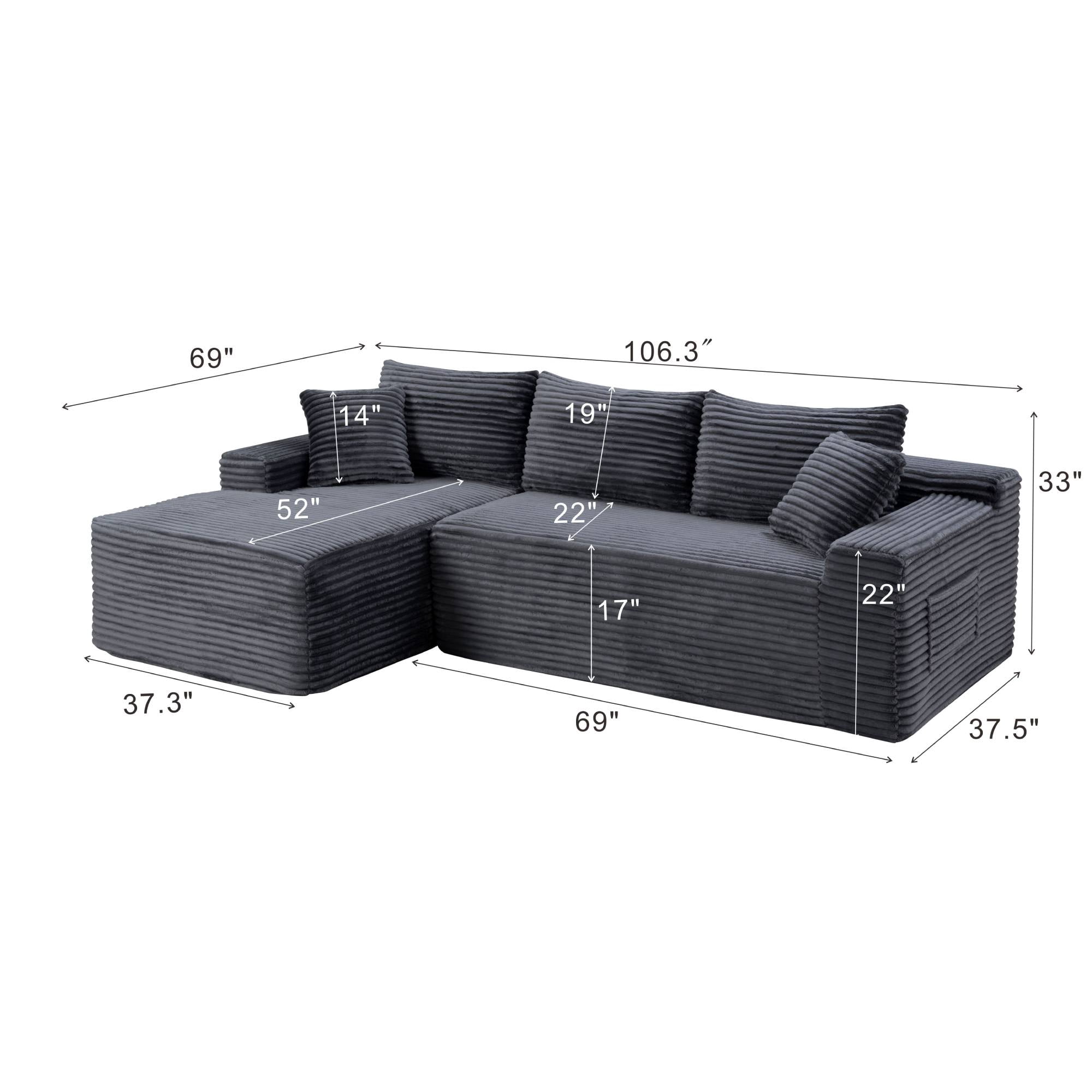 106 inch L Shape Cloud Couch Modular Sectional Sofa Corduroy Boneless Sofa Couch with Chaise, No Assembly Sofa for Living Room, Grey