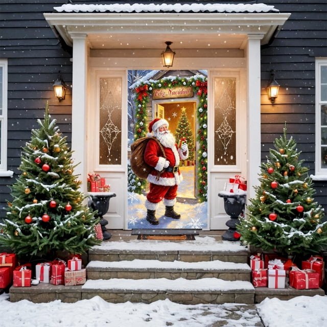 CaiYueKe Christmas Door Cover Decoration Santa Claus Front Door Cover Xmas Hanging Banner Santa Background for Merry Xmas Home Holiday Christmas Decoration