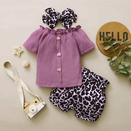 

RPVATI Infant Baby Toddler Child Children Kids Clothes Leopard Short Sleeve Bow T Shirts + Shorts Headwear 3 Pieces Summer Clothes
