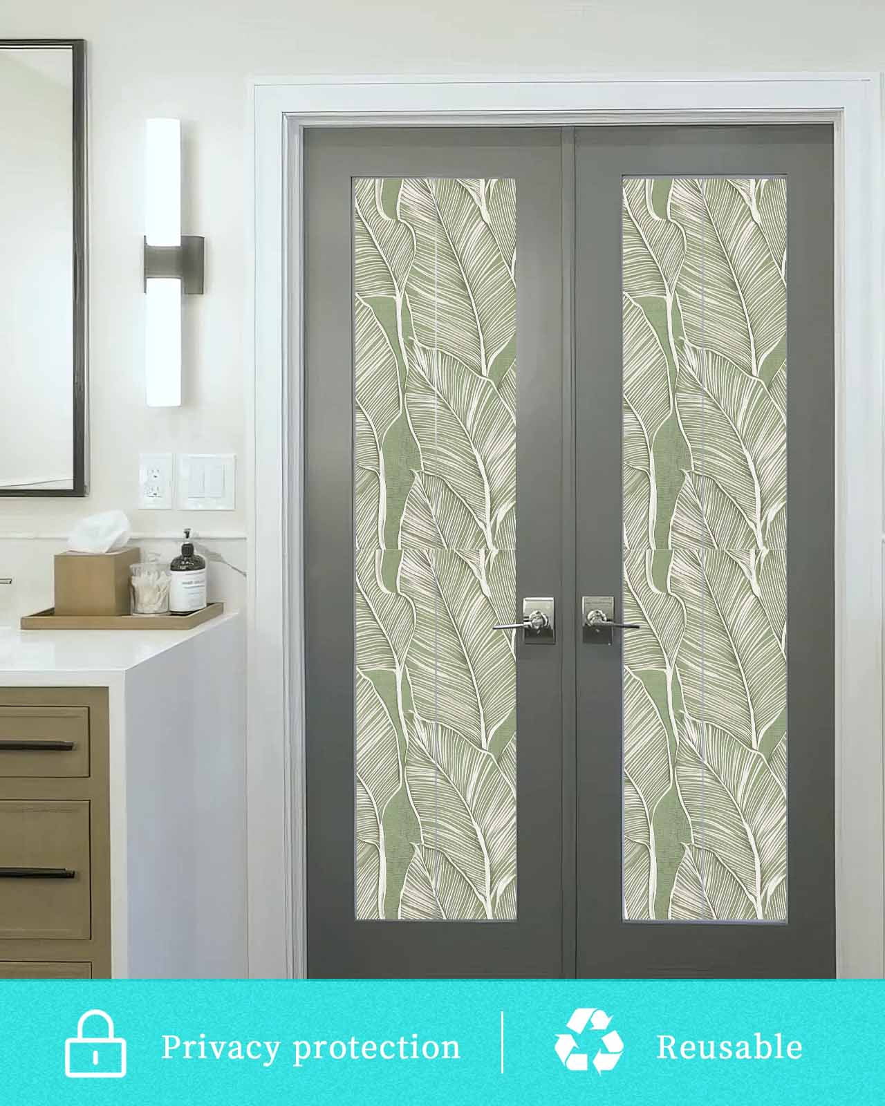 Window Privacy Film Summer Palm Leaf Stained Glass Window Film Decorative Sun Block Window Cover Tropical Bloom Silhouettes Green Window Clings Static Adhesive Sticker for Bathroom 17.7"x78.7"