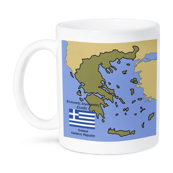 3dRose, The map and flag of Greece with Greece and Hellenic Republic printed in English and Greek., 15oz Mug